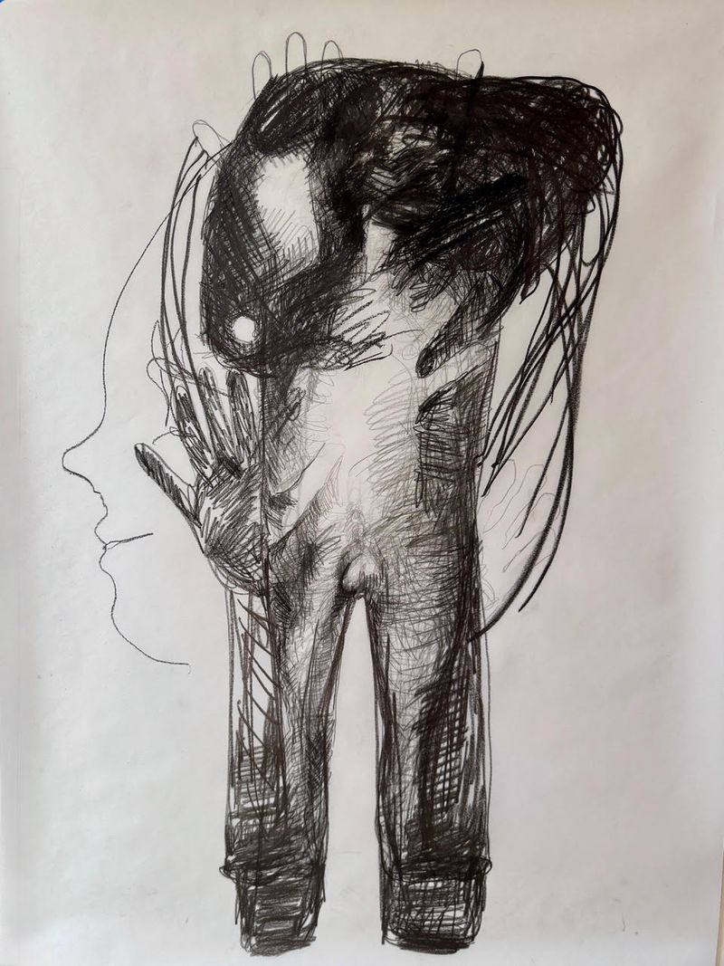 Charcoal drawing of a tall figure by Carmen Argote