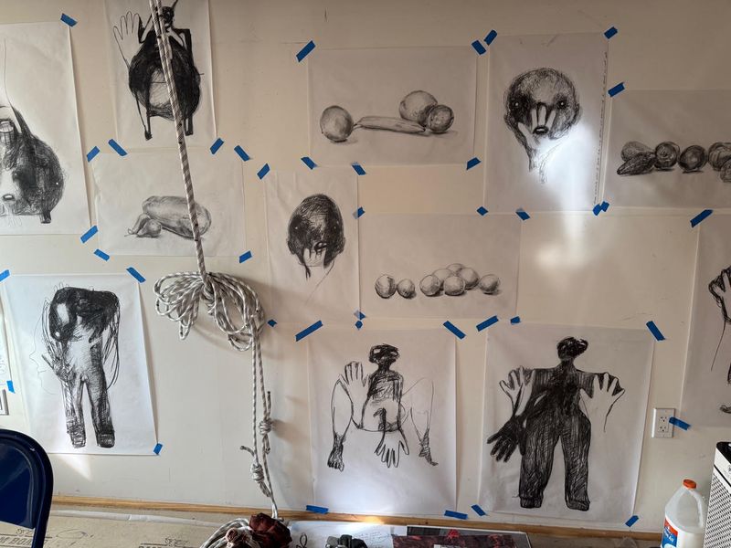 Carmen Argote's studio wall covered in charcoal drawings held up with blue tape