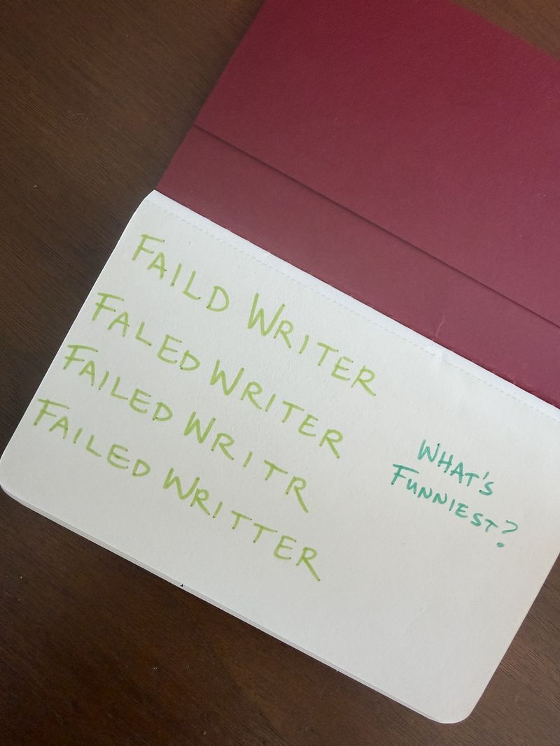 Notebook page reading 'failed writer' four times, from Justin Michael