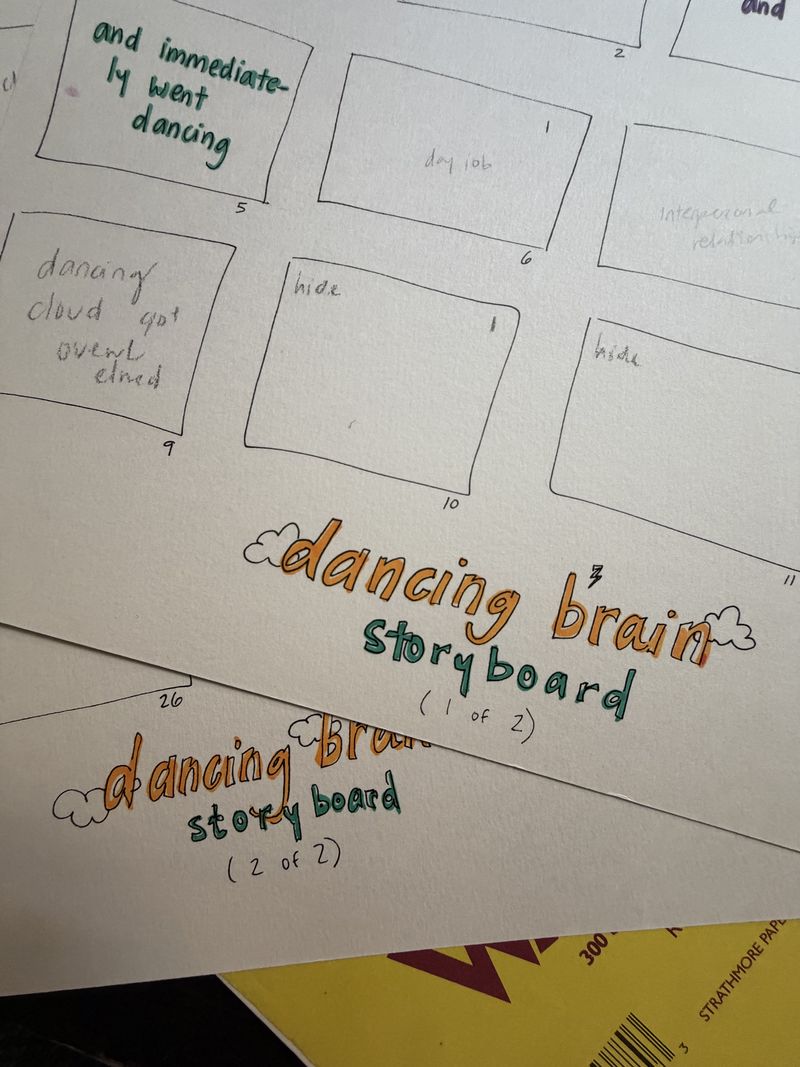 Lilliana Winkworth's hand-drawn storyboard pages for dancing brain