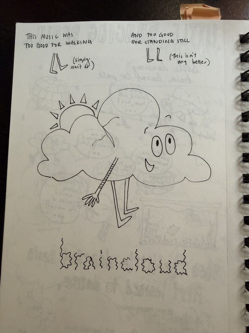 A sketchbook page with a cloud character labelled braincloud, by Lilliana Winkworth