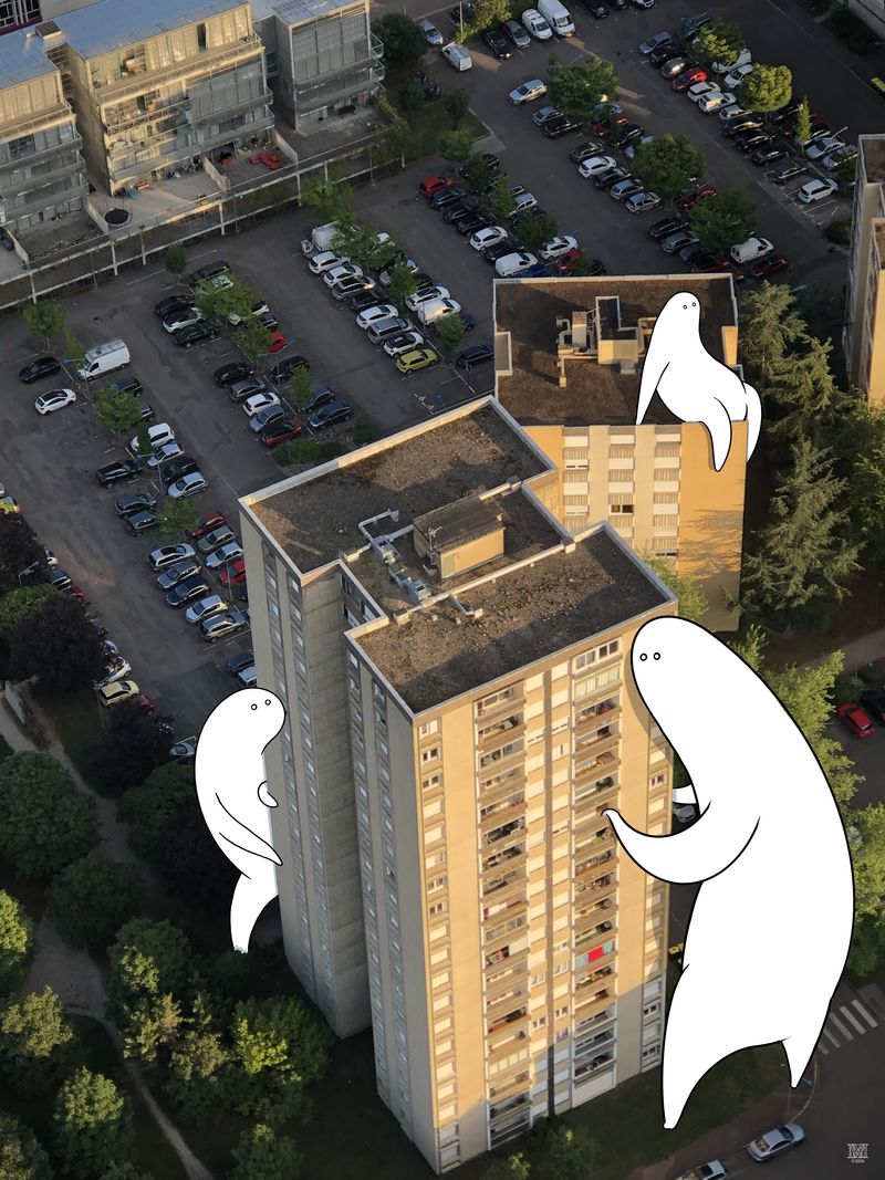 Marty Meyer's Bobbit creatures drawn over a photo of an apartment tower