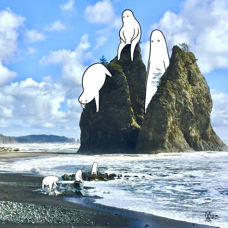 Marty Meyer's white Bobbit creatures drawn over a photo of sea stacks on a rocky coast